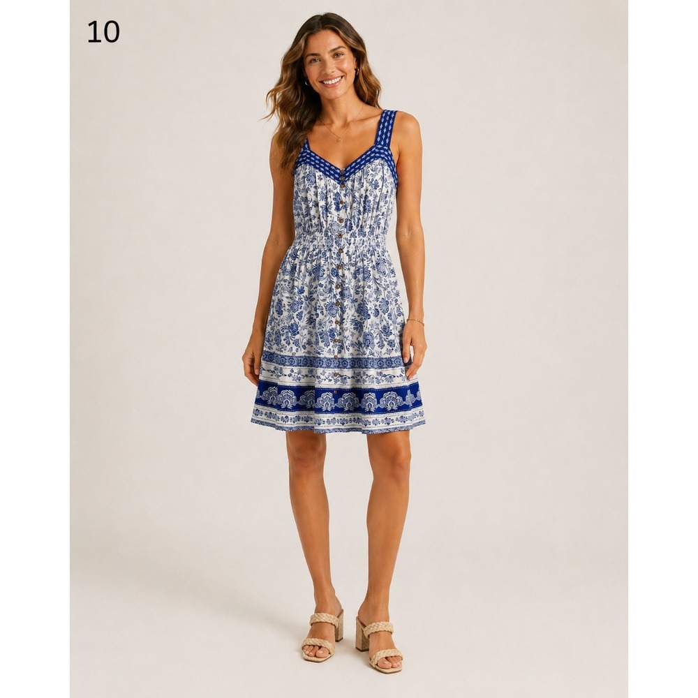 Knox Rose Button Front Smocked Mini Dress Blue White Floral Bird Toile Large